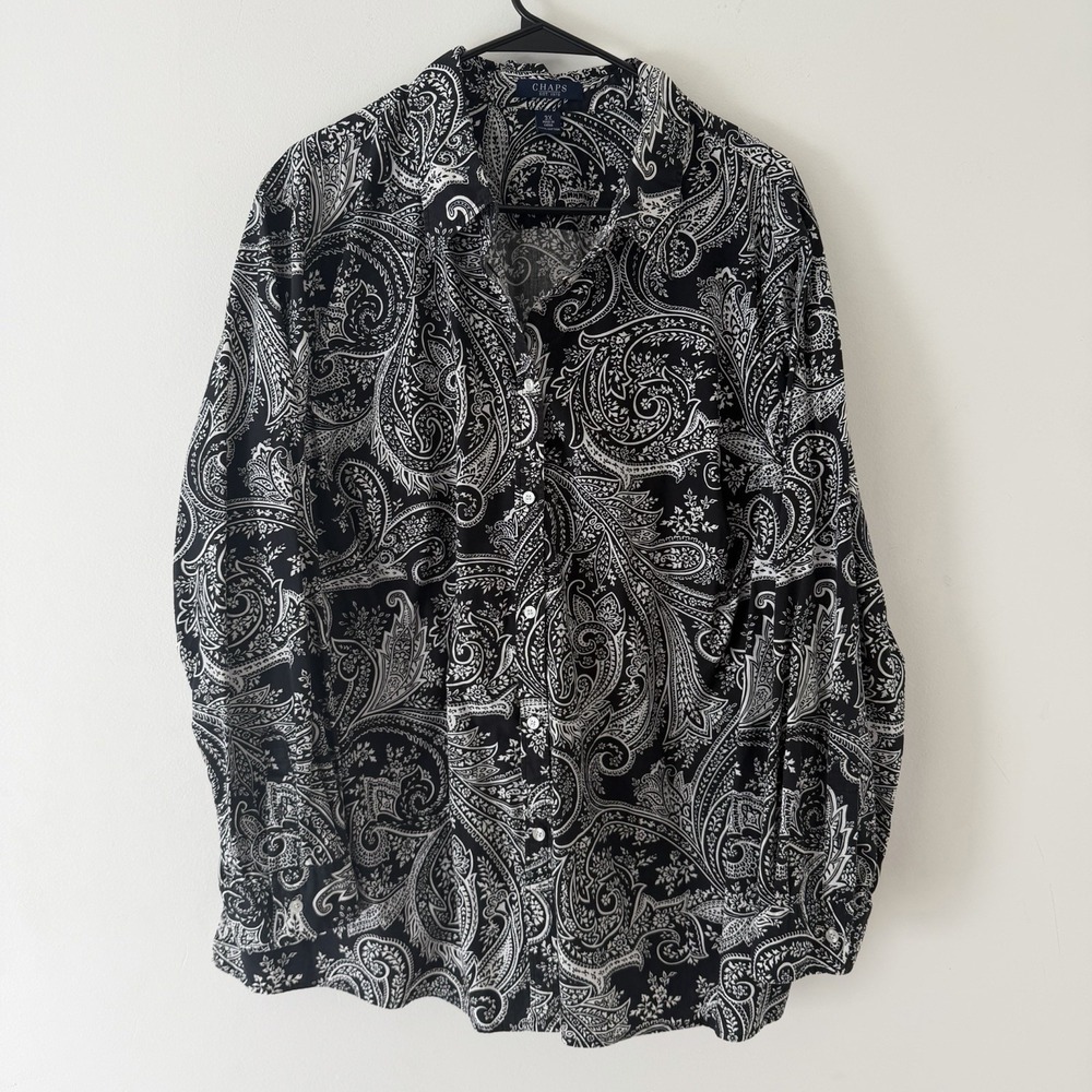 Chaps‎ Womens Button Up Shirt 3X Black White Paisley Print Cotton Long Sleeve